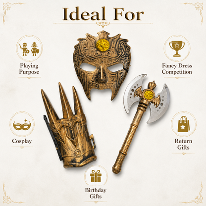Ancient Warrior Costume Set for Kids with Battle Mask, Armour Glove & Double Head Axe Toy Props - 3PC Set