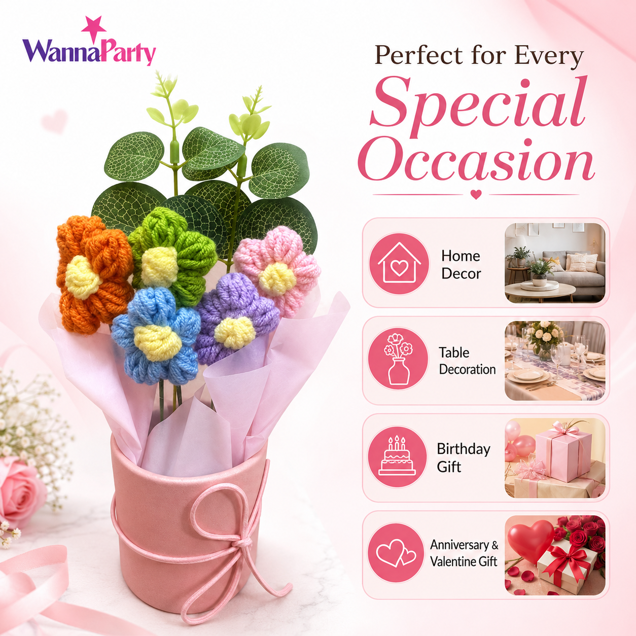 Pink Crochet Flower Set 5PC - Handmade Table Decor Gift | Wanna Party - Image 2