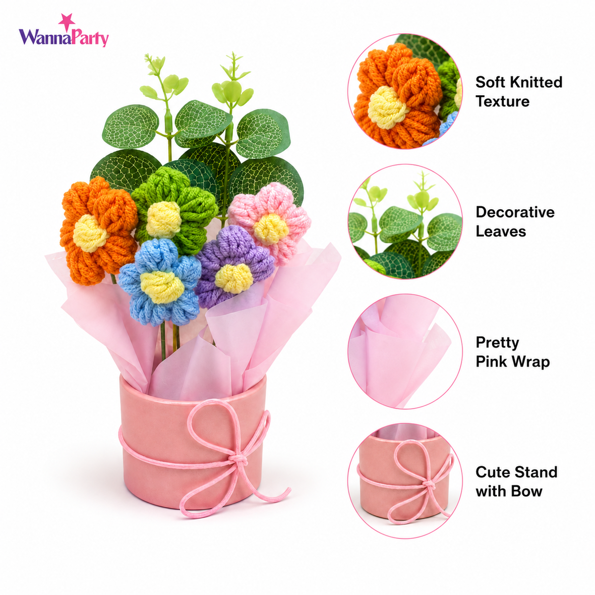 Pink Crochet Flower Set 5PC - Handmade Table Decor Gift | Wanna Party - Image 3