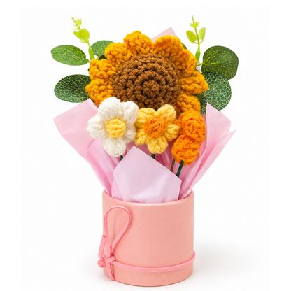 Artificial Sunflower Crochet Flower Bouquet, Handmade Style Knitted Flowers Bunch with Pink Wrap, Decorative Flower Gift for Home Decor, Table Decoration, Birthday, Anniversary & Valentine Gift