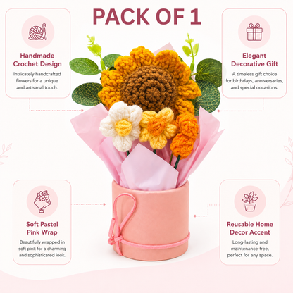 Artificial Sunflower Crochet Flower Bouquet, Handmade Style Knitted Flowers Bunch with Pink Wrap, Decorative Flower Gift for Home Decor, Table Decoration, Birthday, Anniversary & Valentine Gift