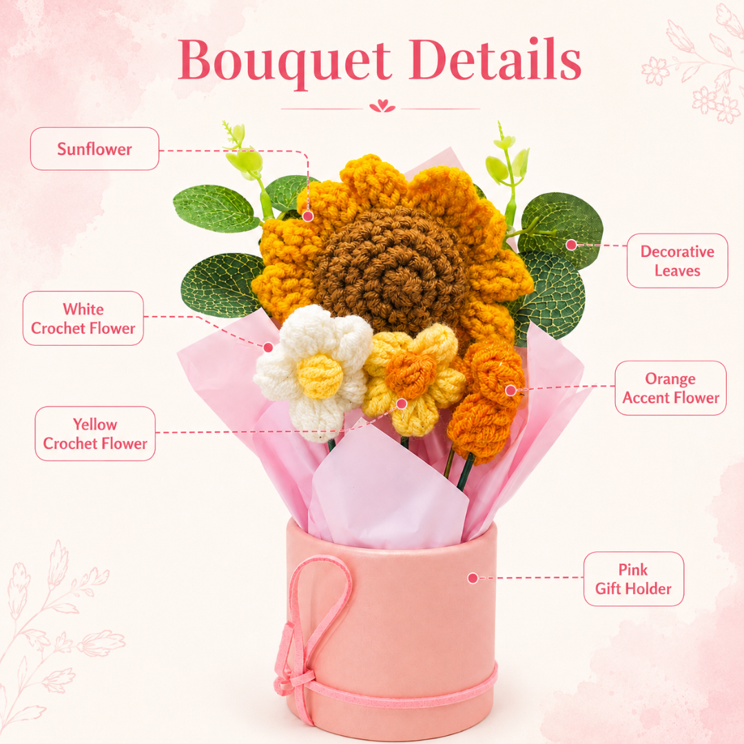 Artificial Sunflower Crochet Flower Bouquet, Handmade Style Knitted Flowers Bunch with Pink Wrap, Decorative Flower Gift for Home Decor, Table Decoration, Birthday, Anniversary & Valentine Gift