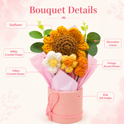 Artificial Sunflower Crochet Flower Bouquet, Handmade Style Knitted Flowers Bunch with Pink Wrap, Decorative Flower Gift for Home Decor, Table Decoration, Birthday, Anniversary & Valentine Gift