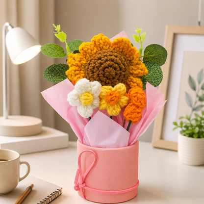 Artificial Sunflower Crochet Flower Bouquet, Handmade Style Knitted Flowers Bunch with Pink Wrap, Decorative Flower Gift for Home Decor, Table Decoration, Birthday, Anniversary & Valentine Gift