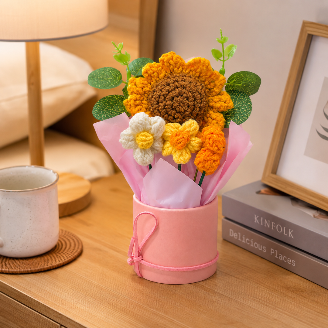 Artificial Sunflower Crochet Flower Bouquet, Handmade Style Knitted Flowers Bunch with Pink Wrap, Decorative Flower Gift for Home Decor, Table Decoration, Birthday, Anniversary & Valentine Gift