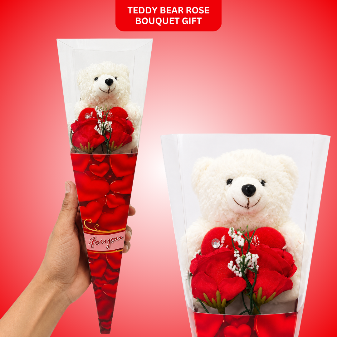 Teddy Bear Rose Bouquet Gift, Cute Teddy with Red Heart & Rose Cone Wrap, Romantic Gift for Valentine’s Day, Birthday, Anniversary, Proposal, Friendship Day - 1PC