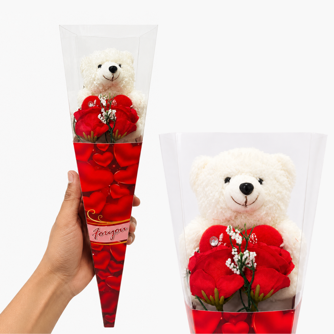 Teddy Bear Rose Bouquet Gift, Cute Teddy with Red Heart & Rose Cone Wrap, Romantic Gift for Valentine’s Day, Birthday, Anniversary, Proposal, Friendship Day - 1PC