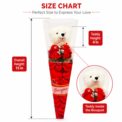 Teddy Bear Rose Bouquet Gift, Cute Teddy with Red Heart & Rose Cone Wrap, Romantic Gift for Valentine’s Day, Birthday, Anniversary, Proposal, Friendship Day - 1PC