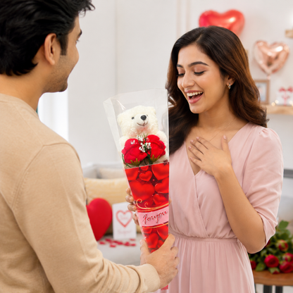 Teddy Bear Rose Bouquet Gift, Cute Teddy with Red Heart & Rose Cone Wrap, Romantic Gift for Valentine’s Day, Birthday, Anniversary, Proposal, Friendship Day - 1PC