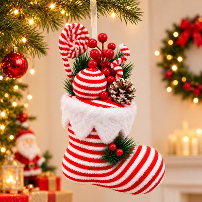Santa Shoe Red & White Christmas Table Centerpiece – 13 x 8 Inch, 1PC | Decorative Santa Boot for Christmas Tree, Hanging, Home & Party Decor