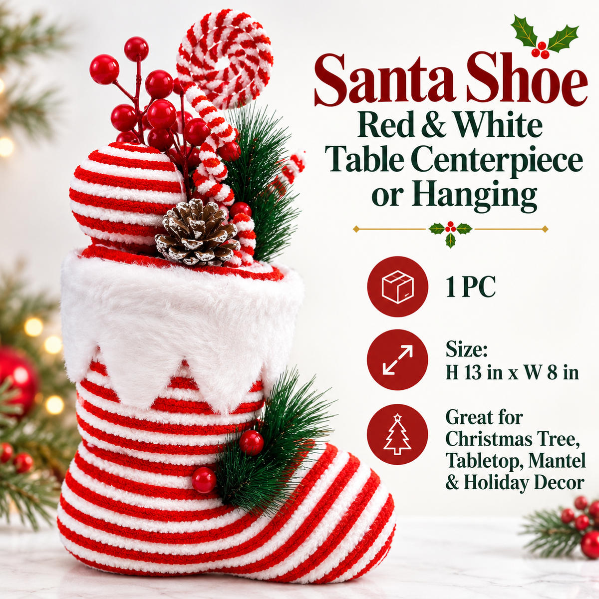 Santa Shoe Red & White Christmas Table Centerpiece – 13 x 8 Inch, 1PC | Decorative Santa Boot for Christmas Tree, Hanging, Home & Party Decor
