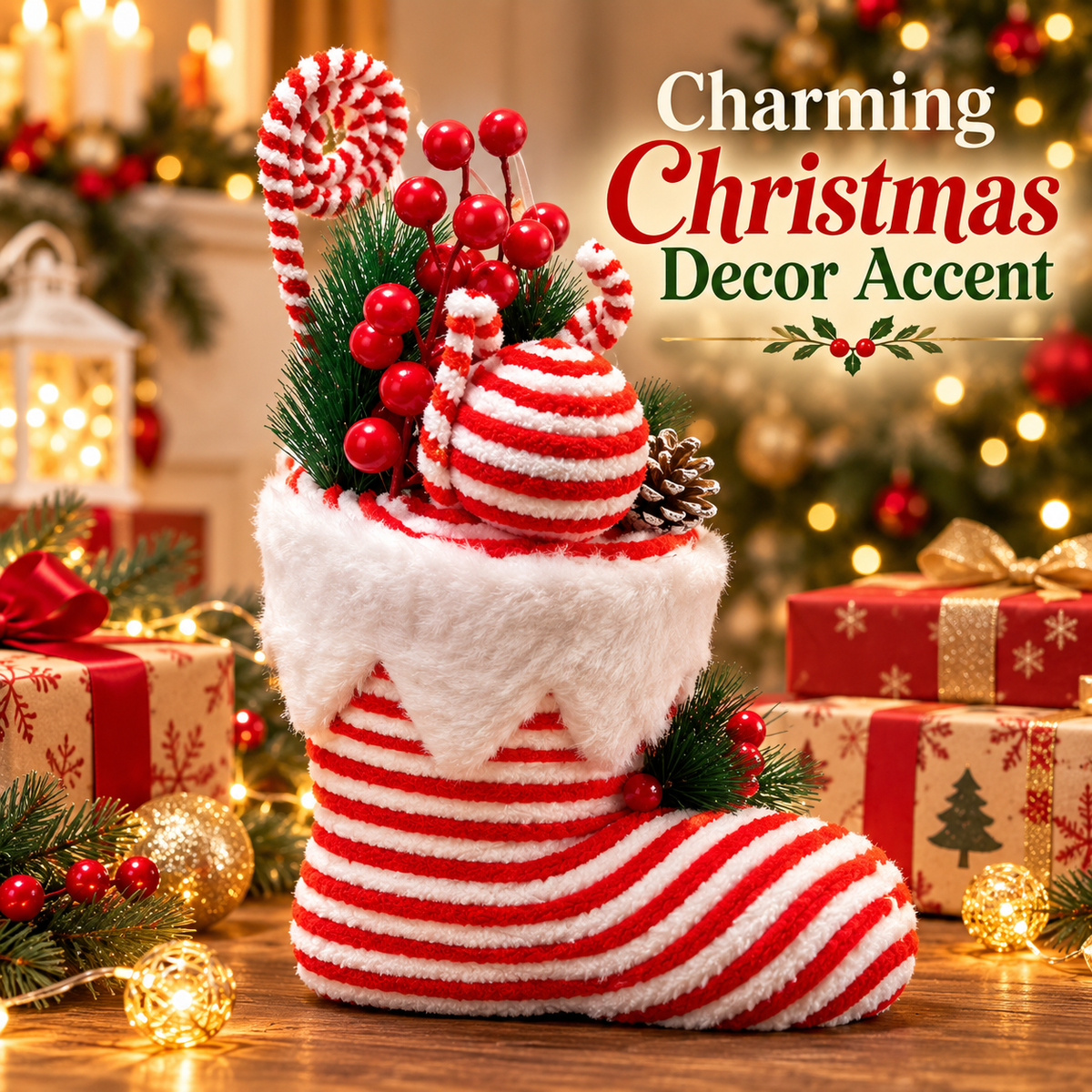 Santa Shoe Red & White Christmas Table Centerpiece – 13 x 8 Inch, 1PC | Decorative Santa Boot for Christmas Tree, Hanging, Home & Party Decor