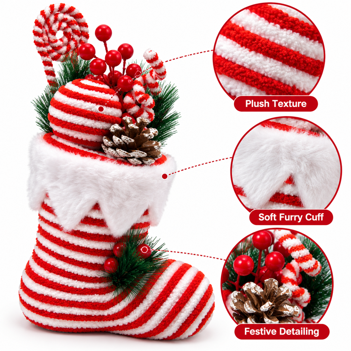 Santa Shoe Red & White Christmas Table Centerpiece – 13 x 8 Inch, 1PC | Decorative Santa Boot for Christmas Tree, Hanging, Home & Party Decor