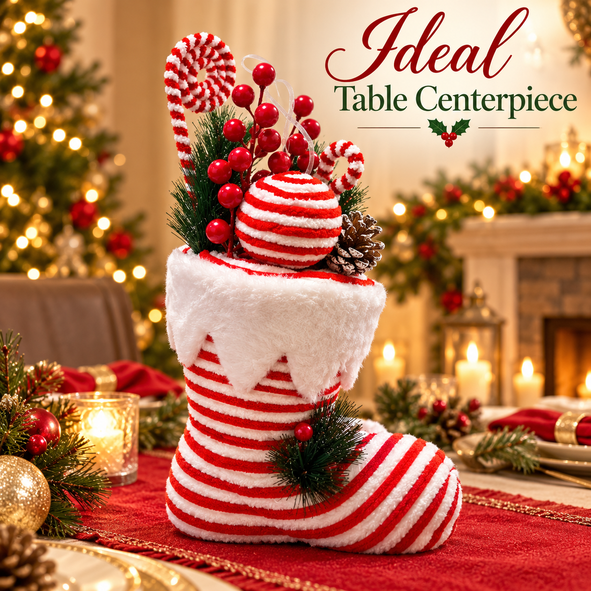Santa Shoe Red & White Christmas Table Centerpiece – 13 x 8 Inch, 1PC | Decorative Santa Boot for Christmas Tree, Hanging, Home & Party Decor
