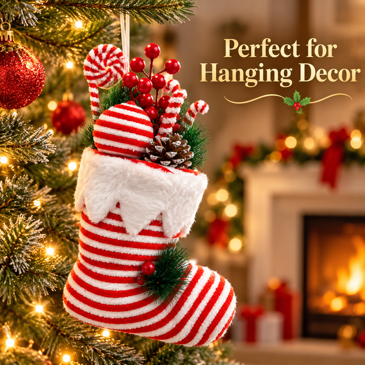 Santa Shoe Red & White Christmas Table Centerpiece – 13 x 8 Inch, 1PC | Decorative Santa Boot for Christmas Tree, Hanging, Home & Party Decor