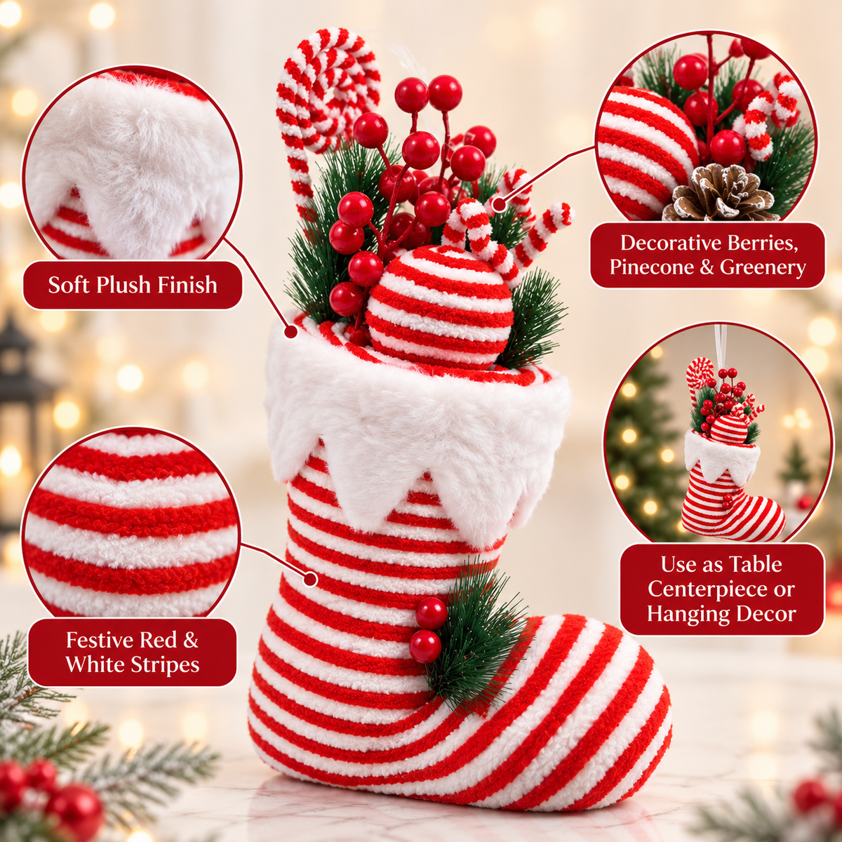 Santa Shoe Red & White Christmas Table Centerpiece – 13 x 8 Inch, 1PC | Decorative Santa Boot for Christmas Tree, Hanging, Home & Party Decor