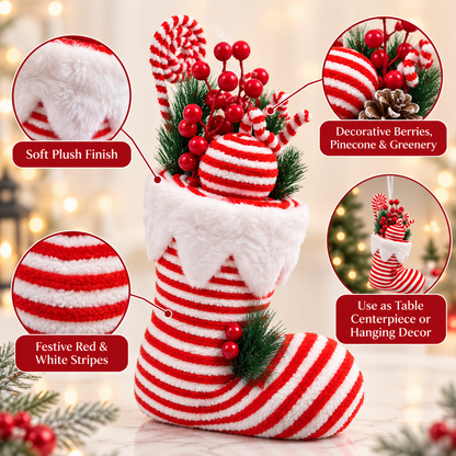 Santa Shoe Red & White Christmas Table Centerpiece – 13 x 8 Inch, 1PC | Decorative Santa Boot for Christmas Tree, Hanging, Home & Party Decor