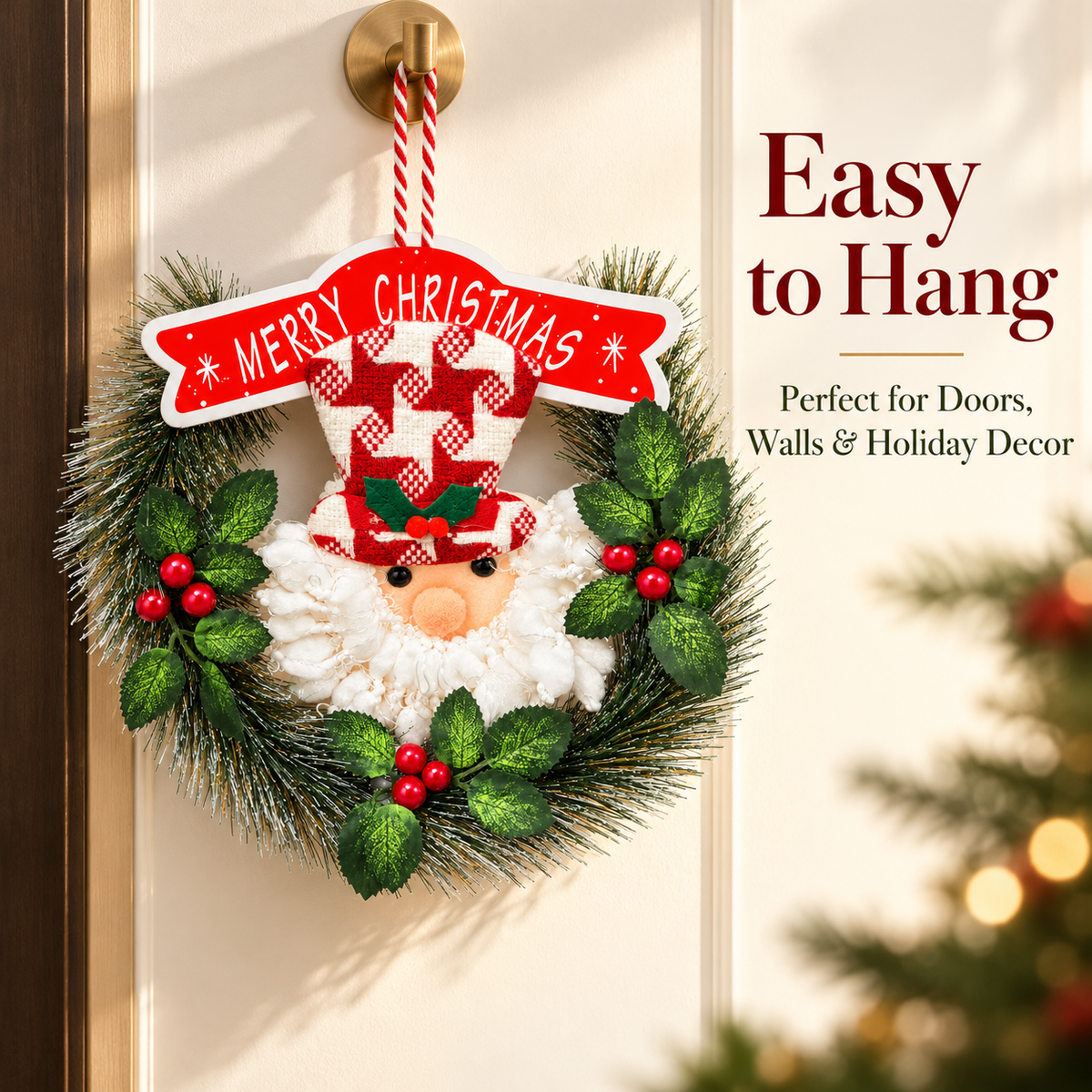 Santa Small Christmas Wreath Hanging – 9 x 9 Inch, 1PC | Decorative Santa Claus Xmas Wreath for Doors, Walls, Christmas Trees & Festive Home Decor