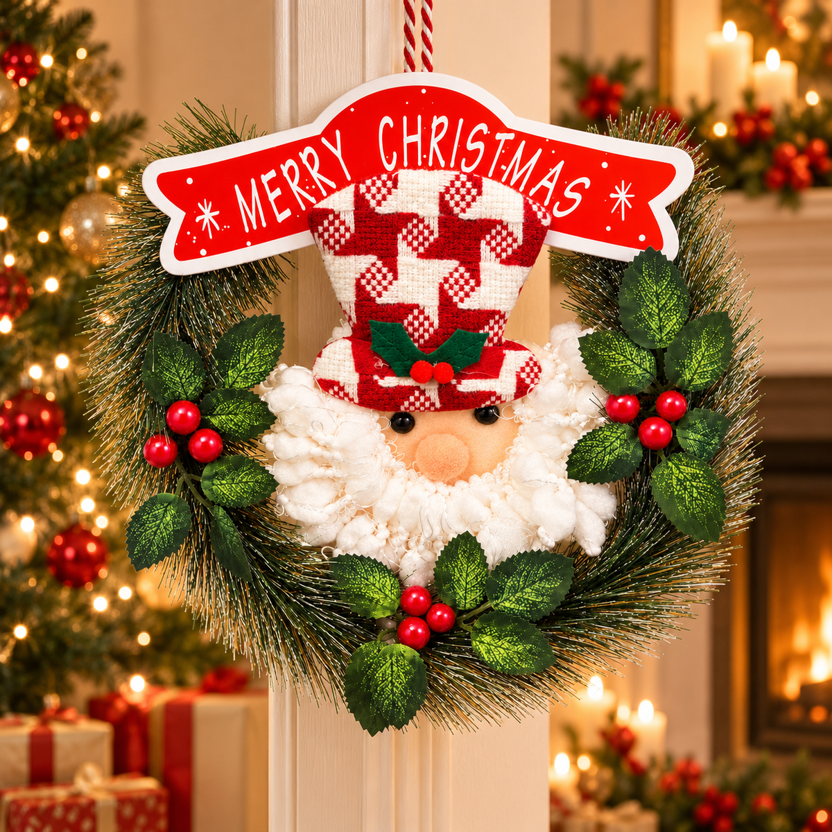Santa Small Christmas Wreath Hanging – 9 x 9 Inch, 1PC | Decorative Santa Claus Xmas Wreath for Doors, Walls, Christmas Trees & Festive Home Decor