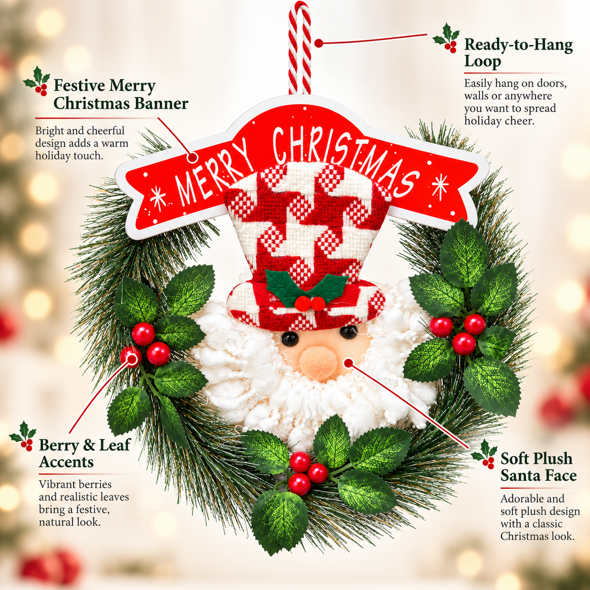 Santa Small Christmas Wreath Hanging – 9 x 9 Inch, 1PC | Decorative Santa Claus Xmas Wreath for Doors, Walls, Christmas Trees & Festive Home Decor