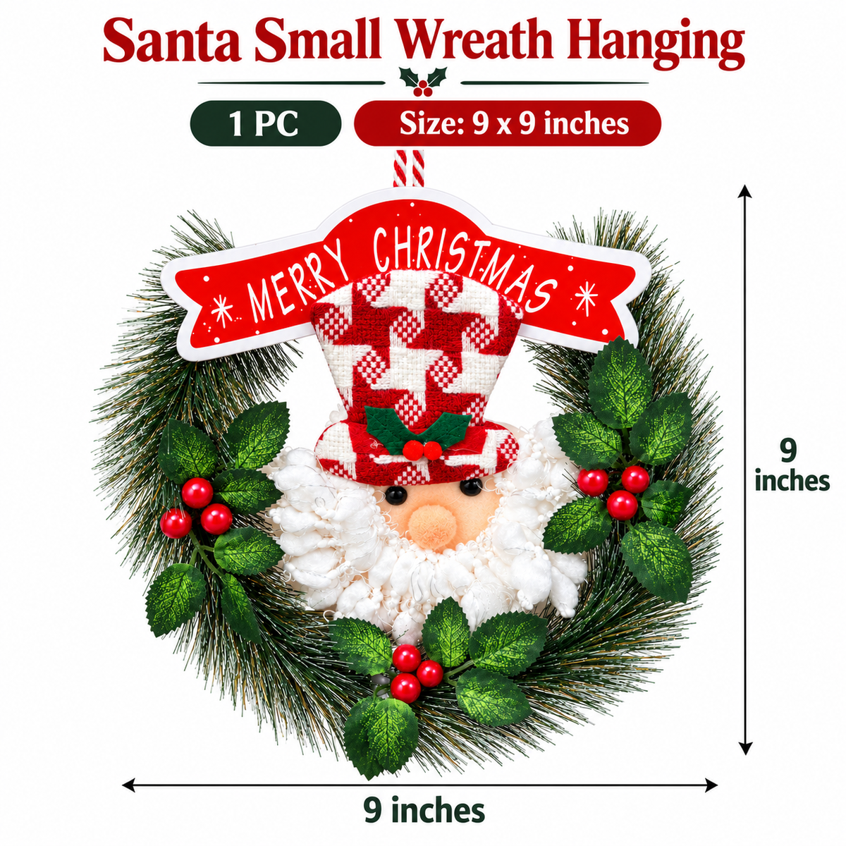 Santa Small Christmas Wreath Hanging – 9 x 9 Inch, 1PC | Decorative Santa Claus Xmas Wreath for Doors, Walls, Christmas Trees & Festive Home Decor