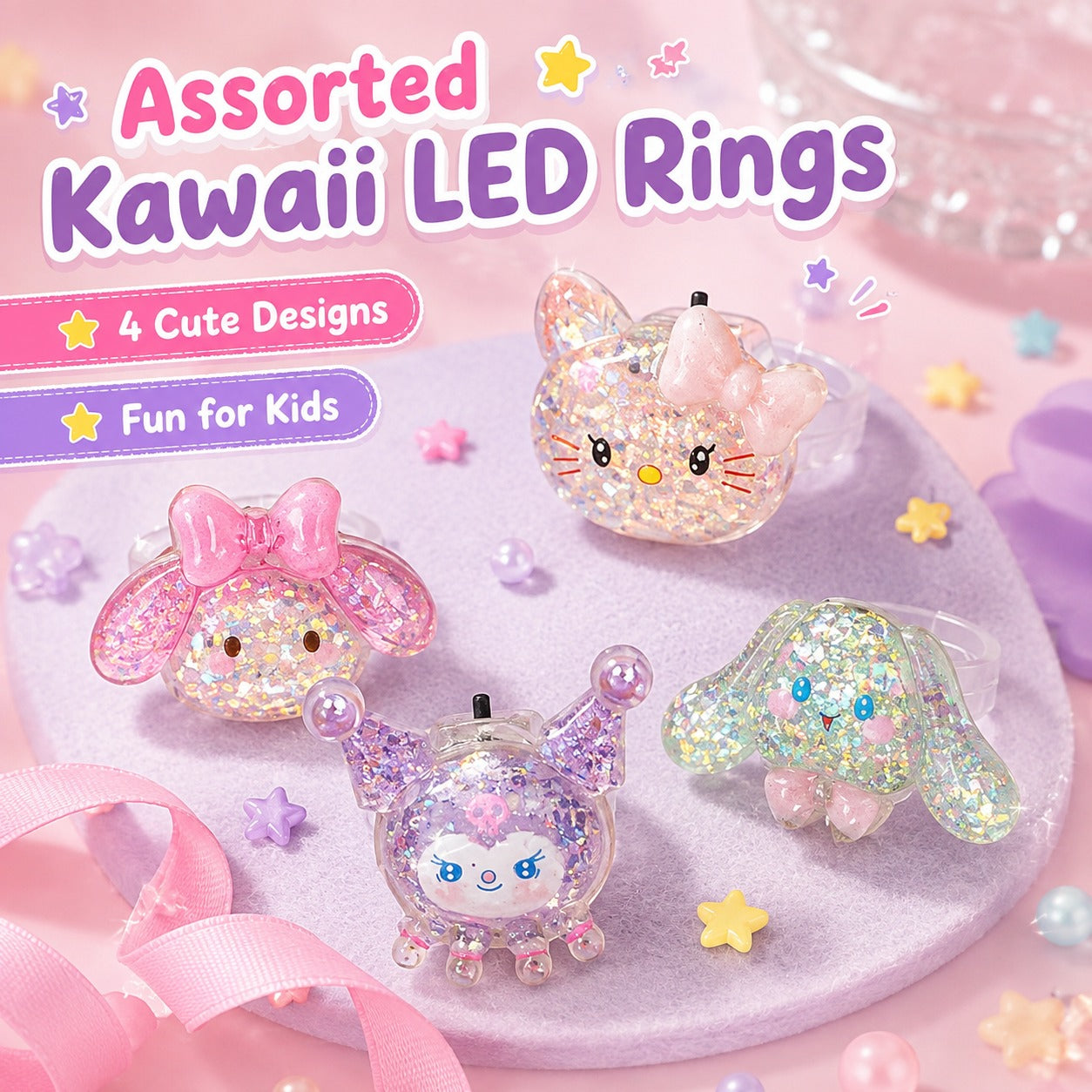 LED Kawai Fingure Rings - Set of 4PC