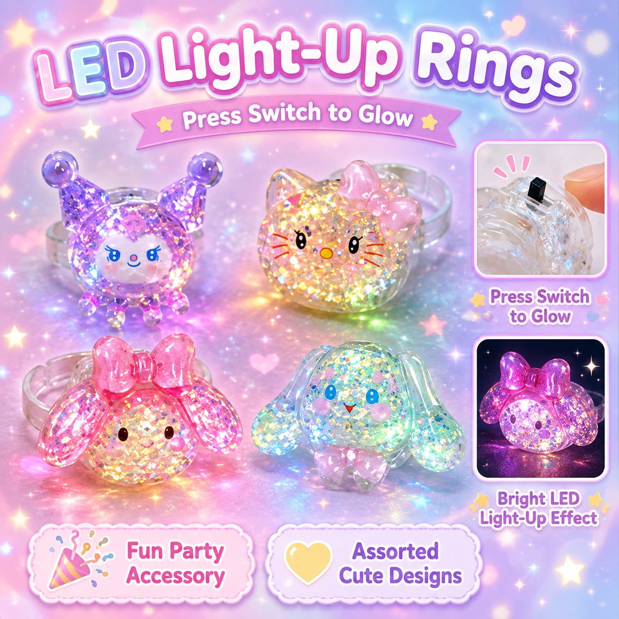 LED Kawai Fingure Rings - Set of 4PC