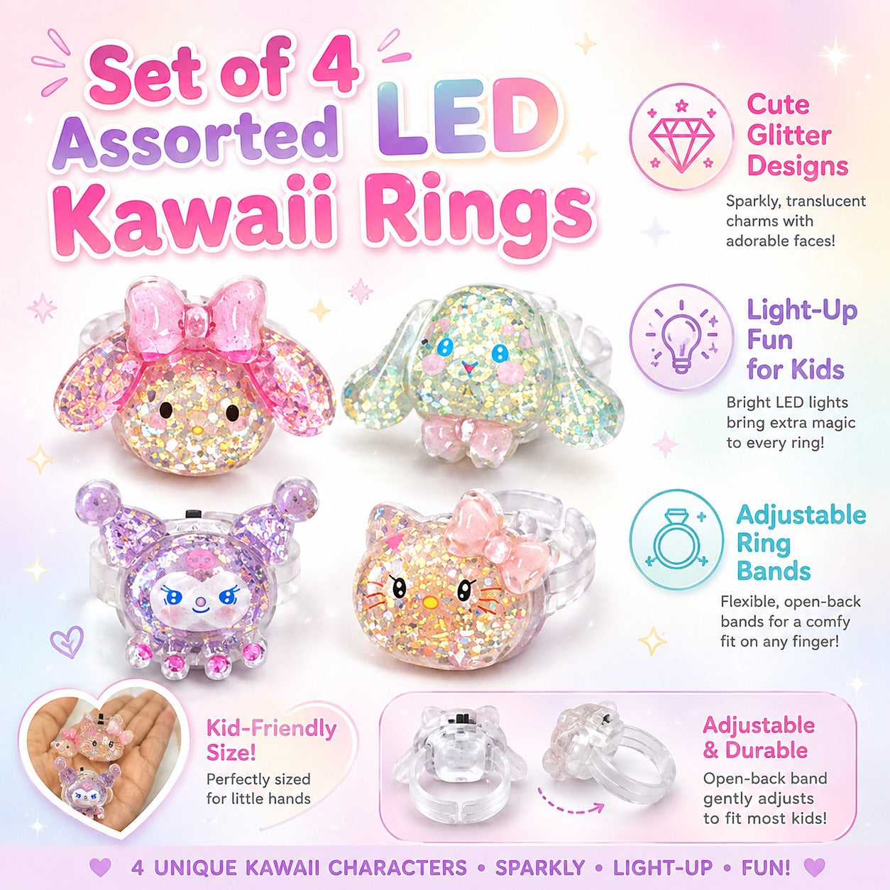 LED Kawai Fingure Rings - Set of 4PC
