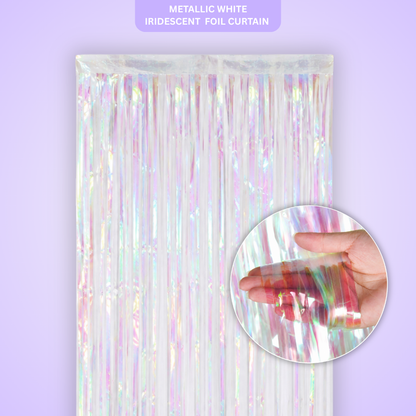 White Iridescent Streamers Backdrop | Metallic White Foil Curtain 7FT x 3FT - 1PC