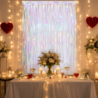 White Iridescent Streamers Backdrop | Metallic White Foil Curtain 7FT x 3FT - 1PC