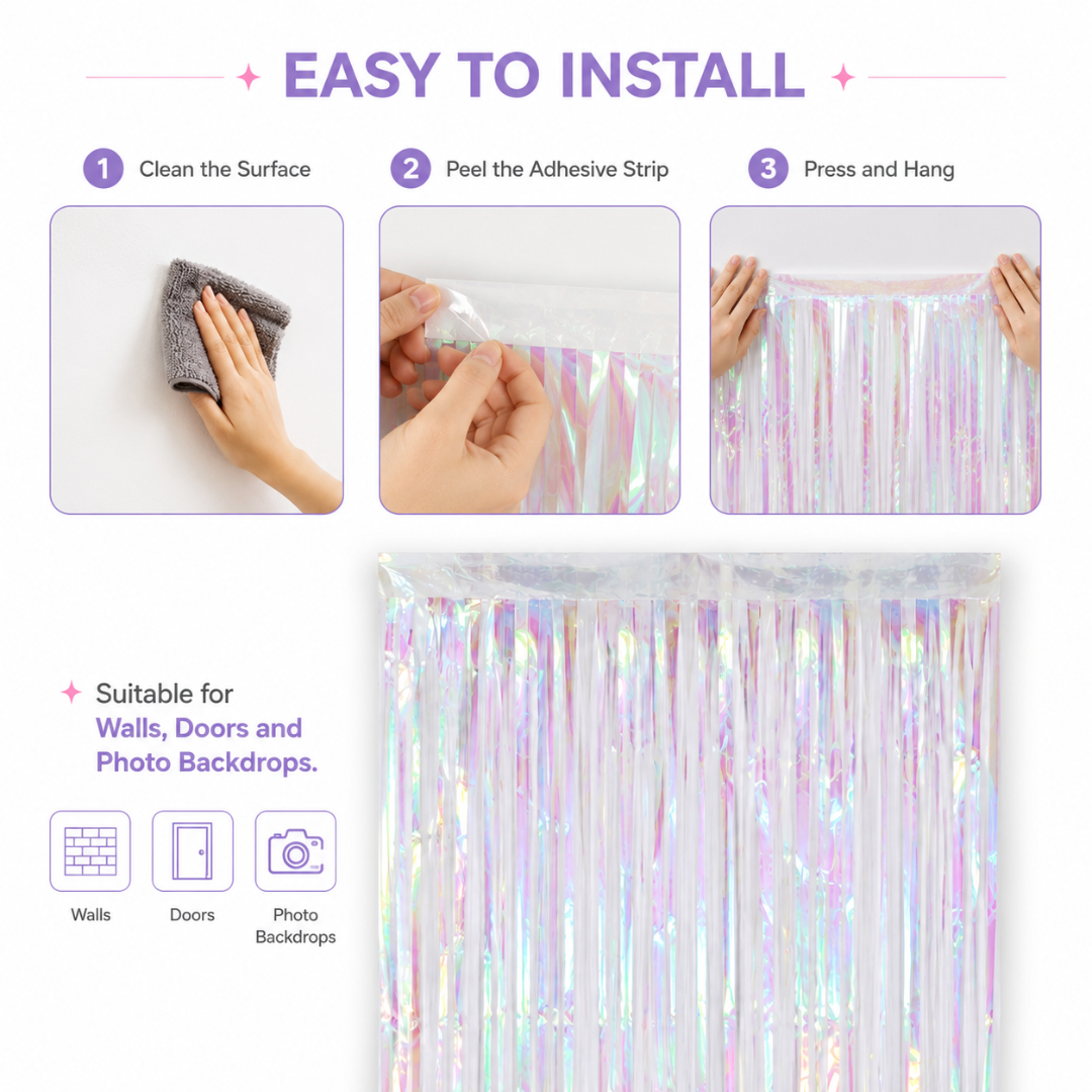 White Iridescent Streamers Backdrop | Metallic White Foil Curtain 7FT x 3FT - 1PC