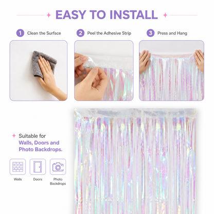 White Iridescent Streamers Backdrop | Metallic White Foil Curtain 7FT x 3FT - 1PC