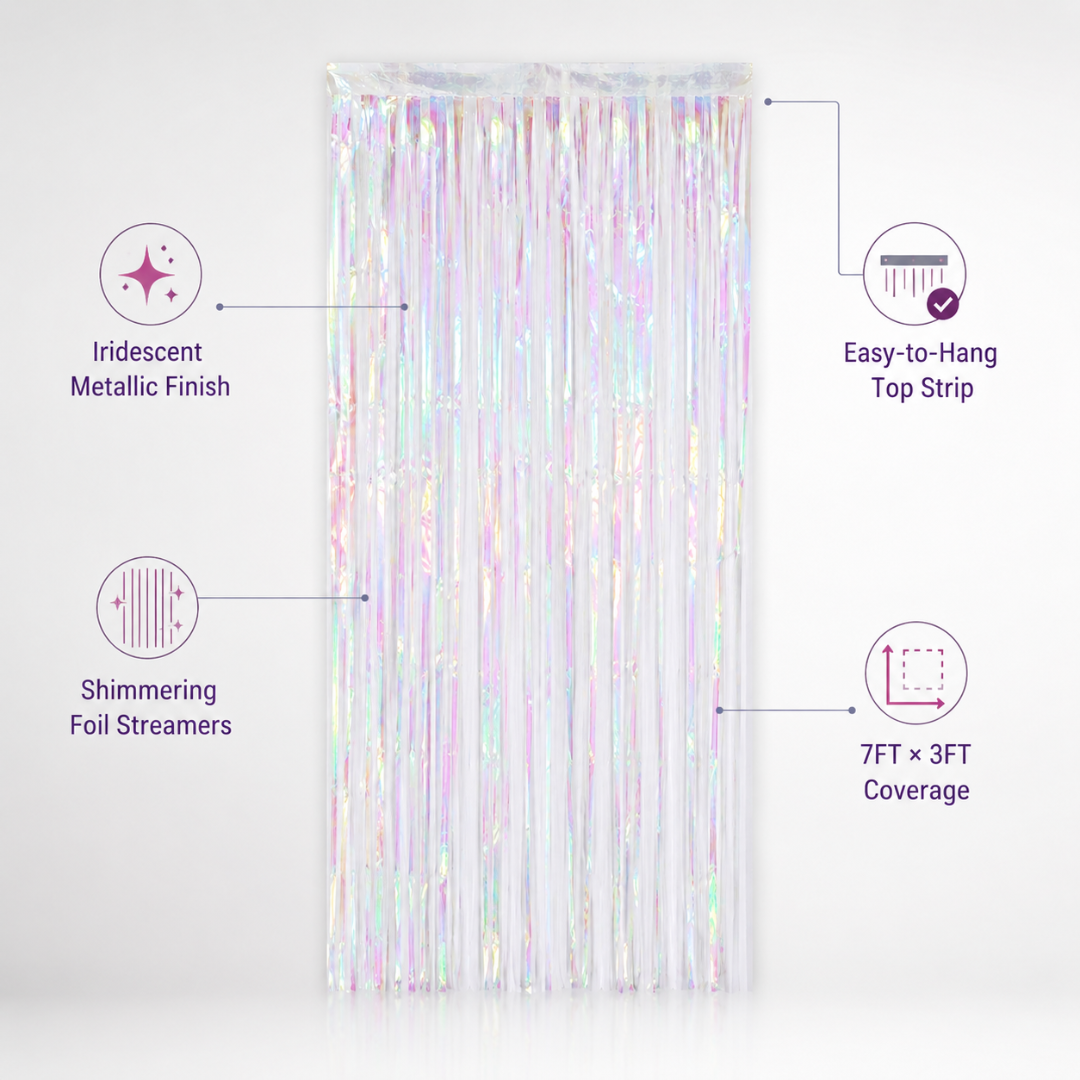 White Iridescent Streamers Backdrop | Metallic White Foil Curtain 7FT x 3FT - 1PC