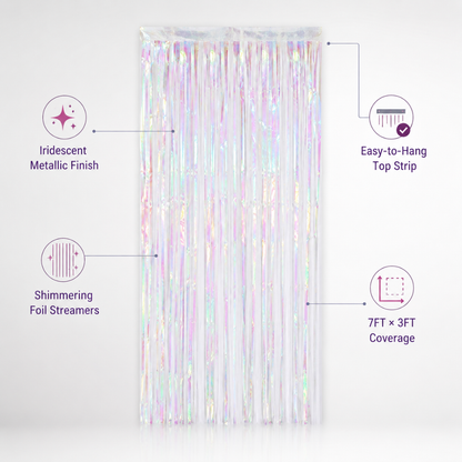 White Iridescent Streamers Backdrop | Metallic White Foil Curtain 7FT x 3FT - 1PC