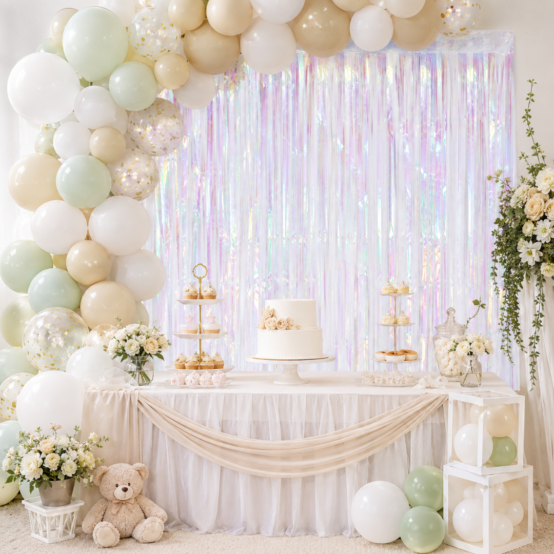 White Iridescent Streamers Backdrop | Metallic White Foil Curtain 7FT x 3FT - 1PC