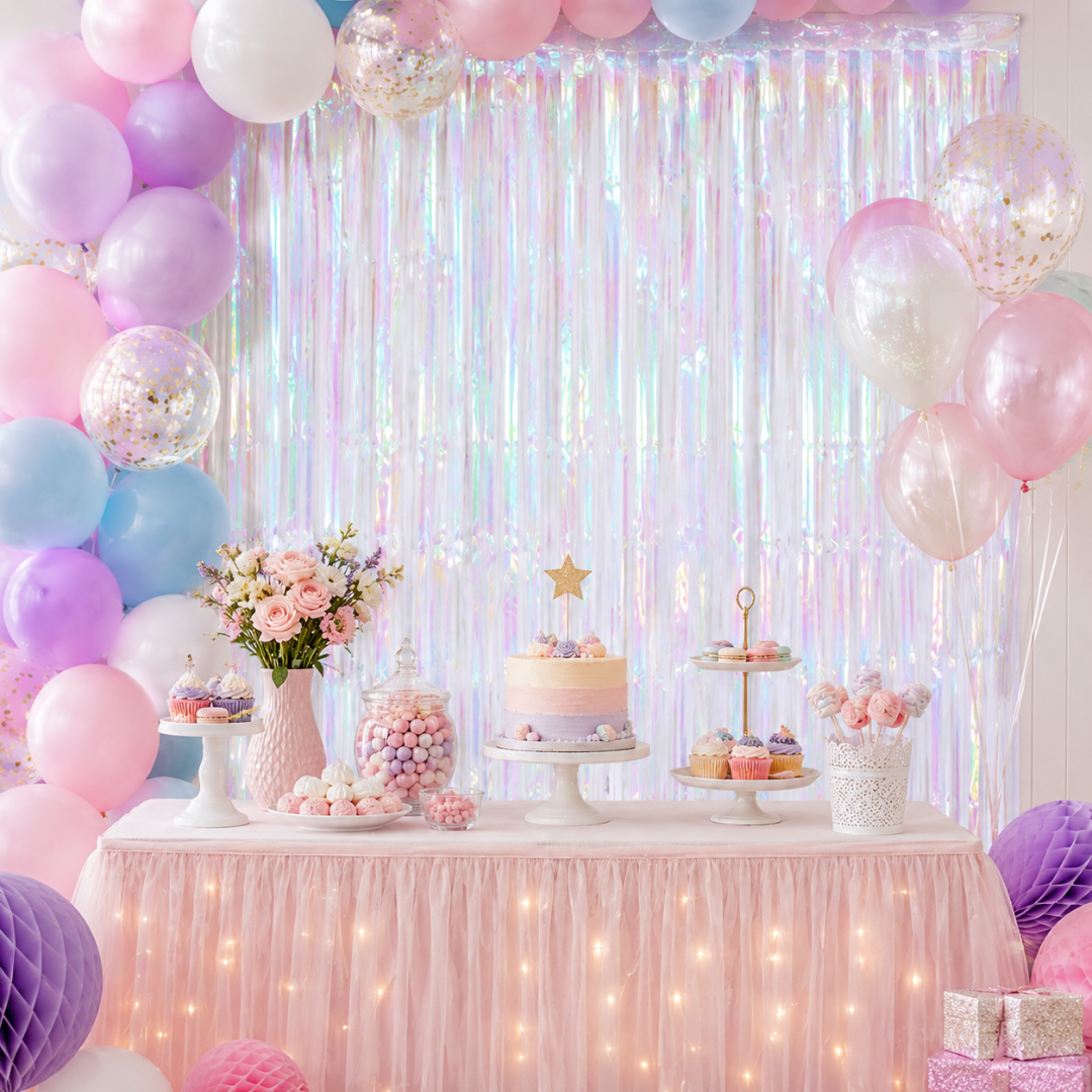 White Iridescent Streamers Backdrop | Metallic White Foil Curtain 7FT x 3FT - 1PC