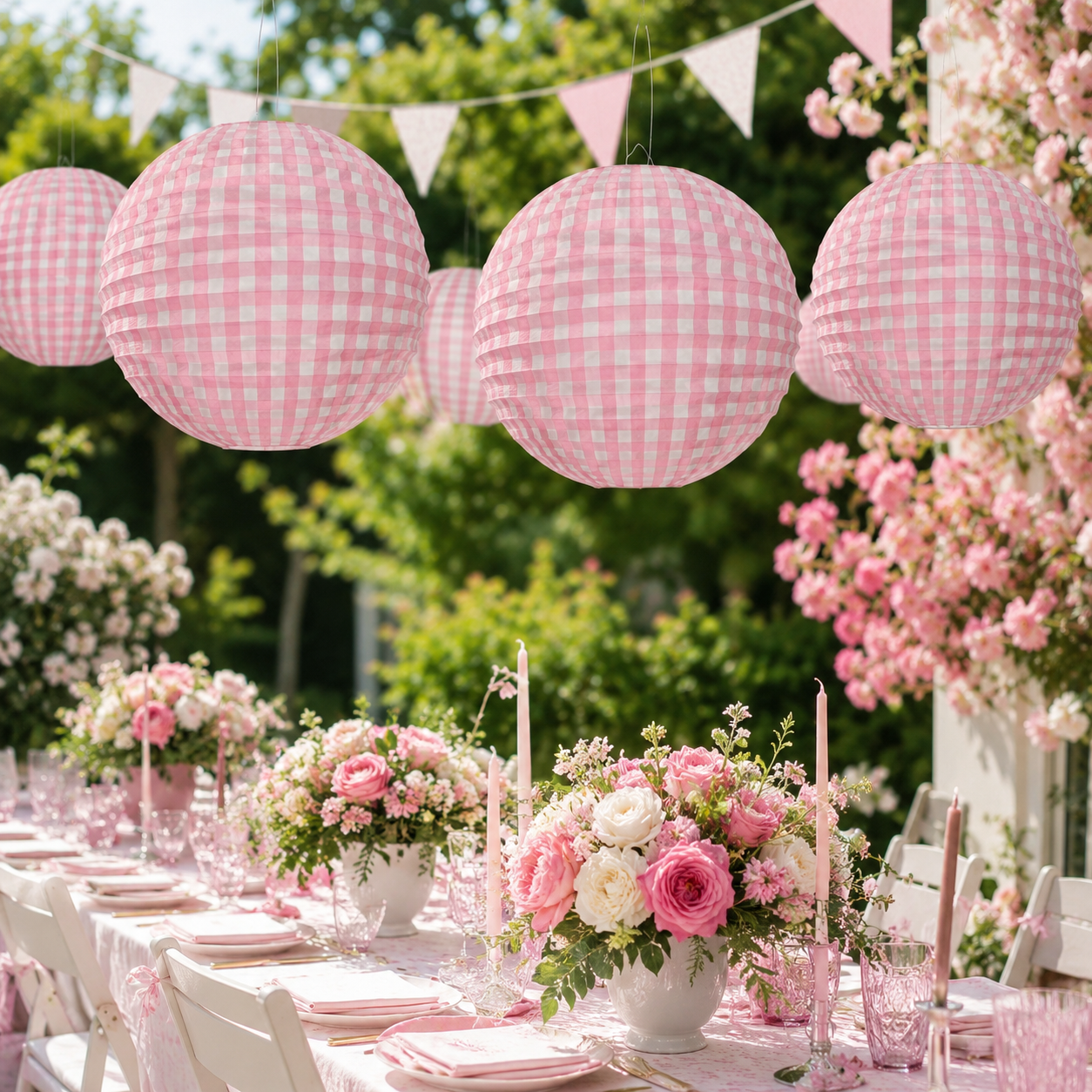 Pink Chequered Gingham Pattern Lanterns - 12 inches