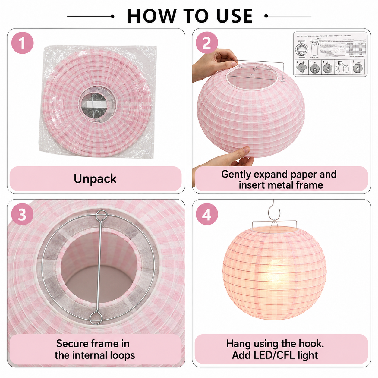 Pink Chequered Gingham Pattern Lanterns - 12 inches
