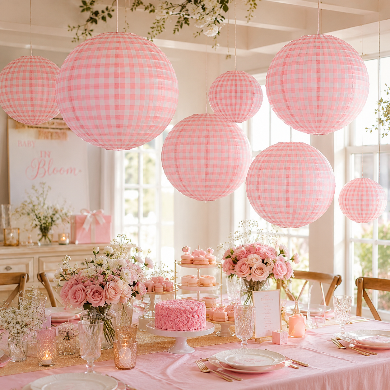Pink Chequered Gingham Pattern Lanterns - 12 inches