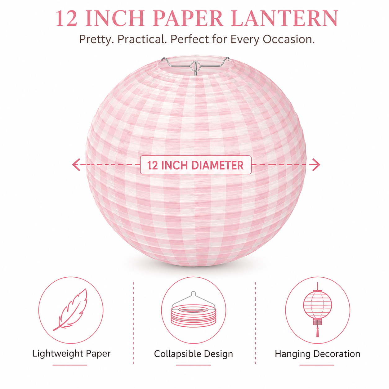 Pink Chequered Gingham Pattern Lanterns - 12 inches