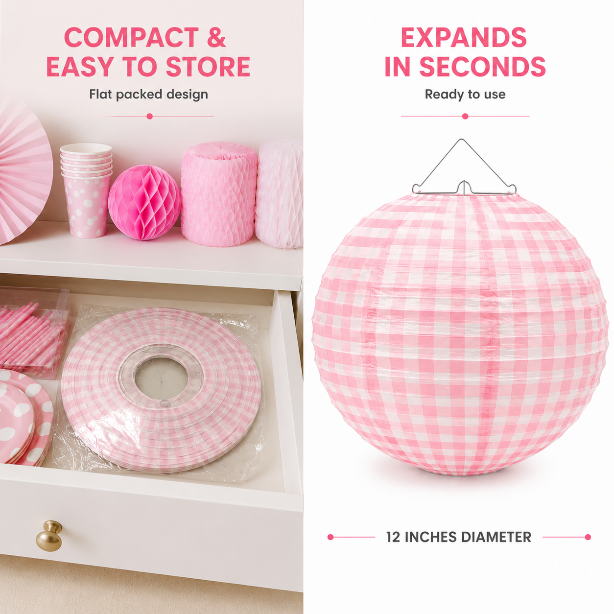 Pink Chequered Gingham Pattern Lanterns - 12 inches
