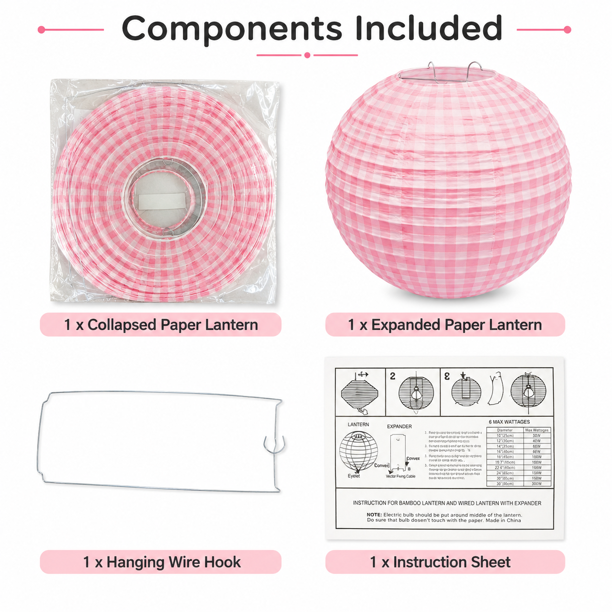 Pink Chequered Gingham Pattern Lanterns - 12 inches
