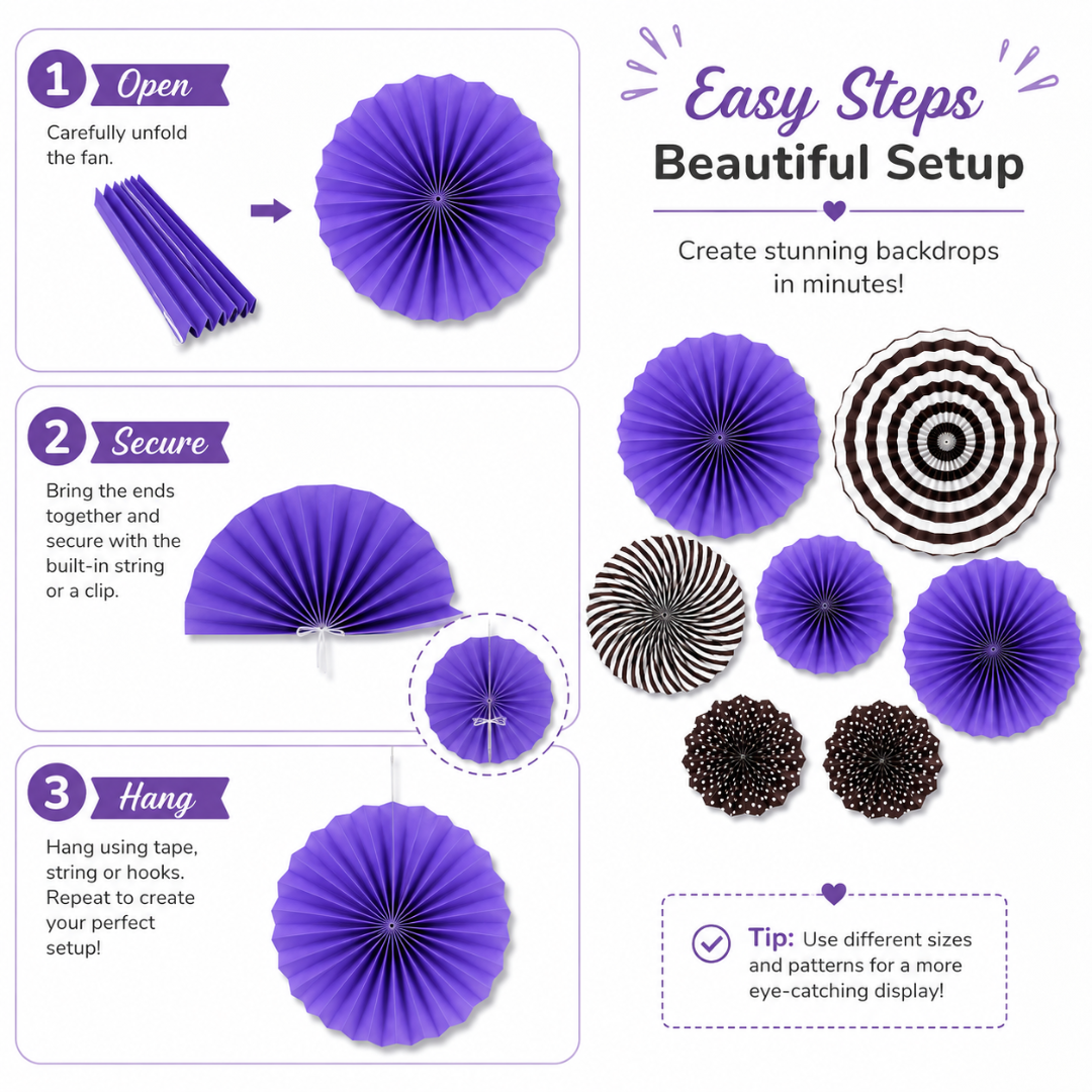 Purple Paper Fan Decorations - 6PC