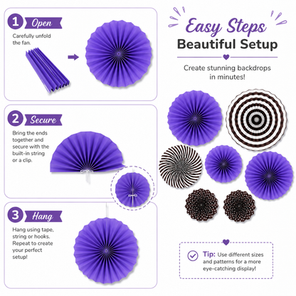 Purple Paper Fan Decorations - 6PC