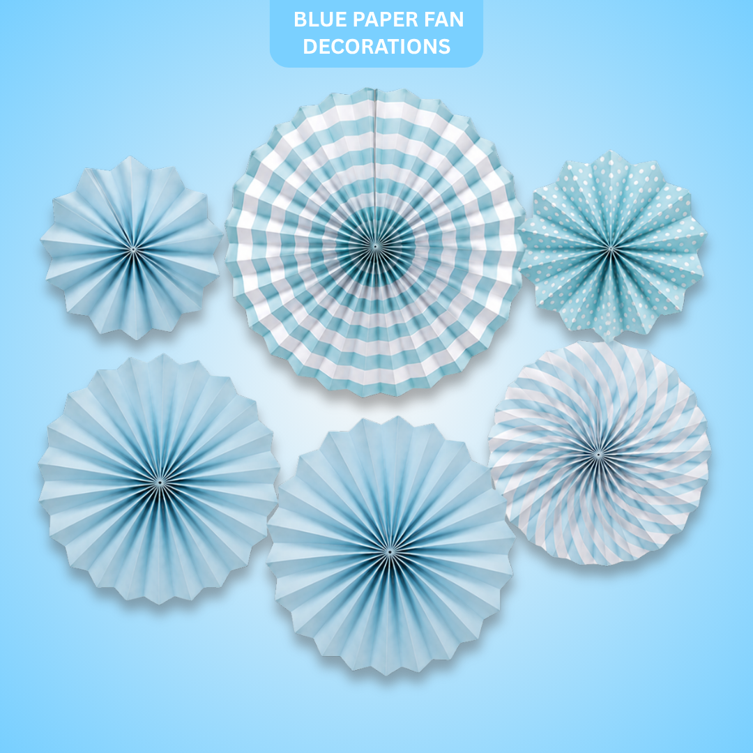 Blue Paper Fan Decorations - 6PC