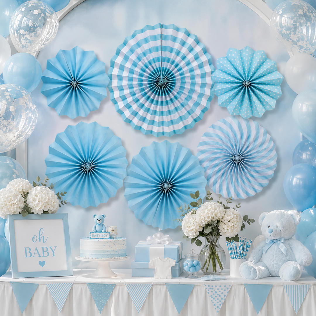 Blue Paper Fan Decorations - 6PC