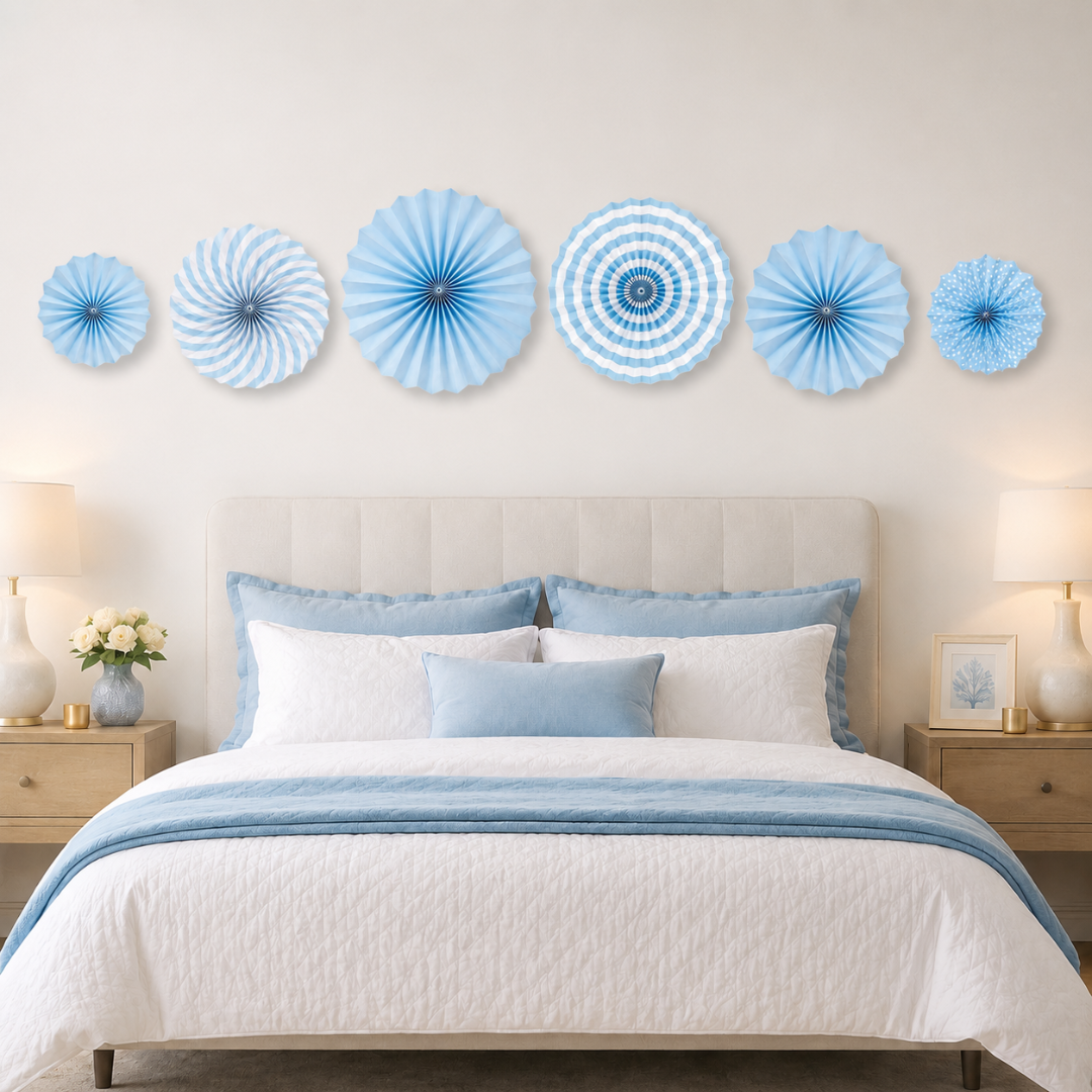 Blue Paper Fan Decorations - 6PC