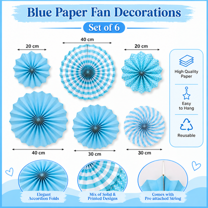 Blue Paper Fan Decorations - 6PC
