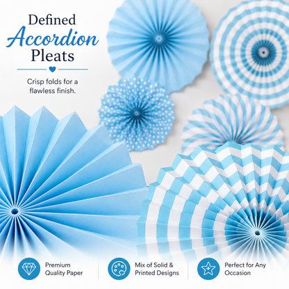 Blue Paper Fan Decorations - 6PC