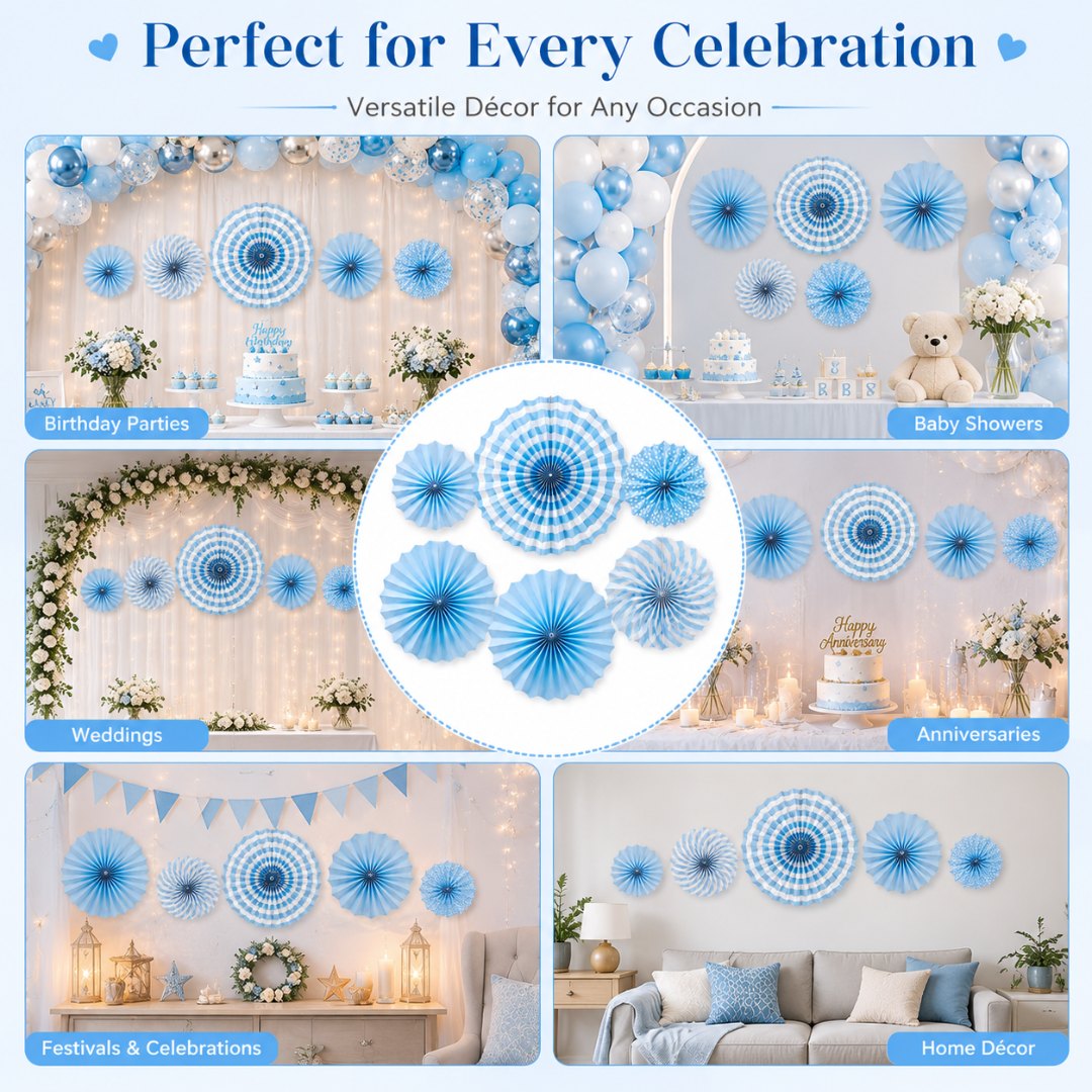 Blue Paper Fan Decorations - 6PC